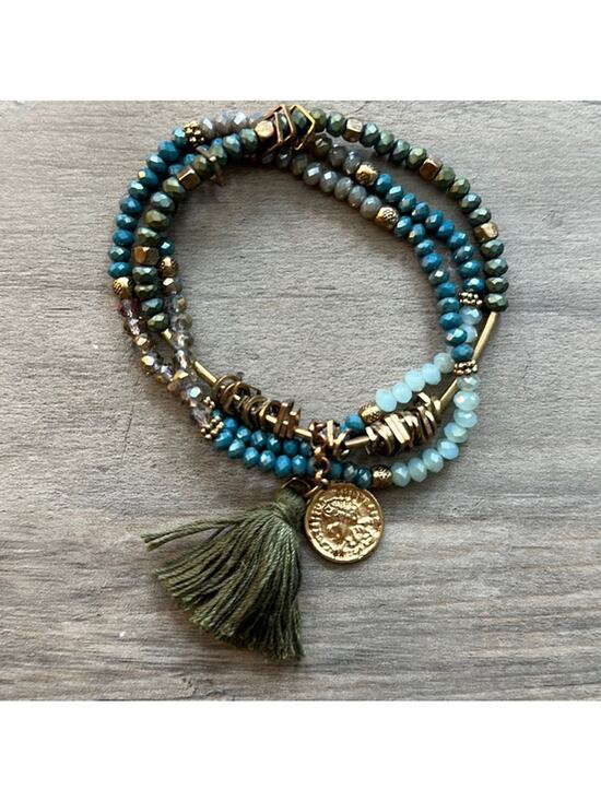 Unbranded Jewelry - Bohemian Tasseled Charm Bracelet Teal Brown Gold Coin Fashion Costume Boho